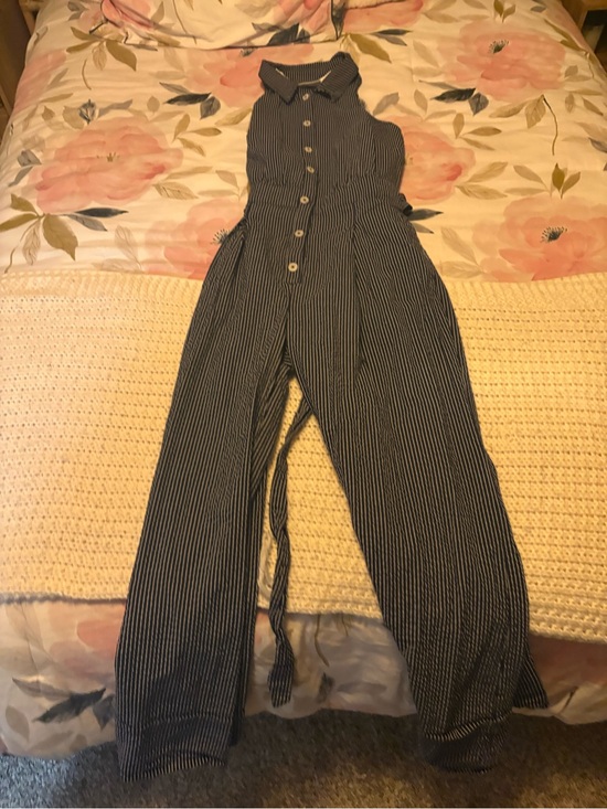 Maeve Pants - Maeve Navy and White Pinstripe Button-Front Jumpsuit